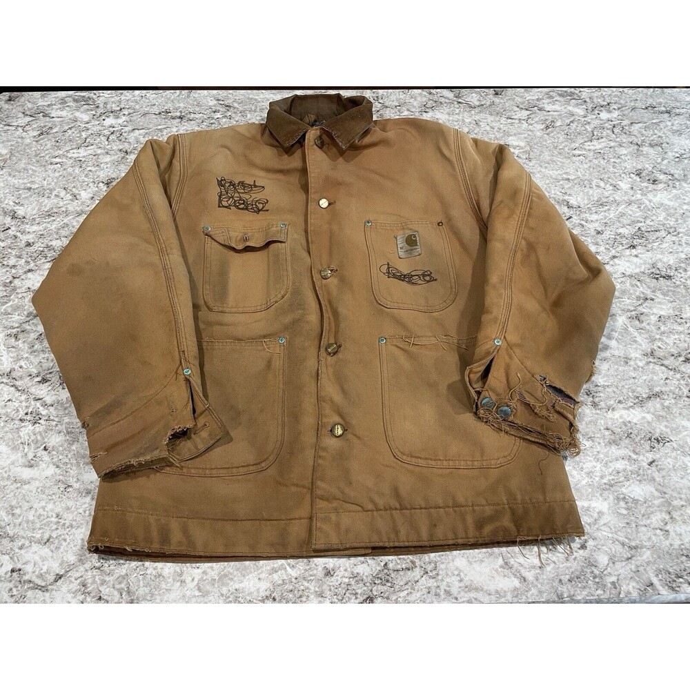 Vintage Carhartt Tan Button Mens 42 Duck Canvas Chore Jkt Blanket Lined USA